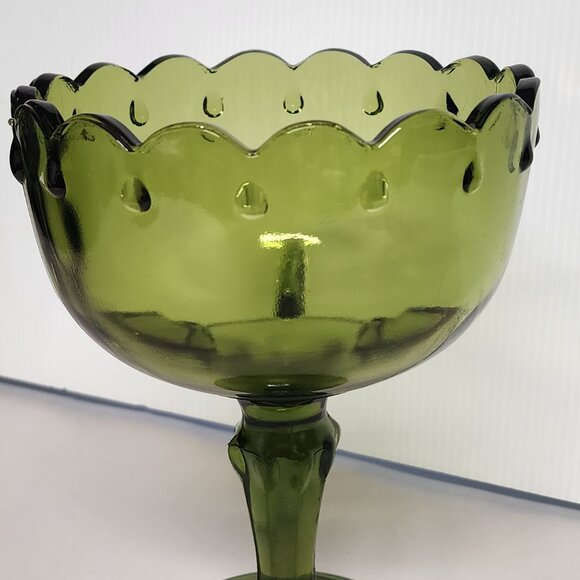 Vintage Indian Glass Scalloped Green teardrop pedestal compote EUC - Picture 5 of 5